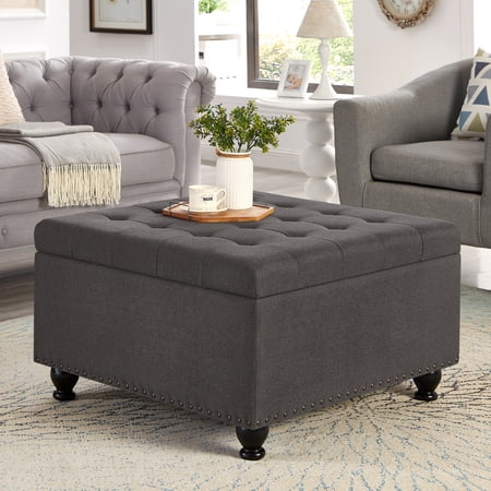 Square Storage Ottoman Coffee Table, Large Upholstered Ottoman with Hidden Storage, Button Tufted Bench with Nailhead Trim & Wooden Legs,Dark Gray