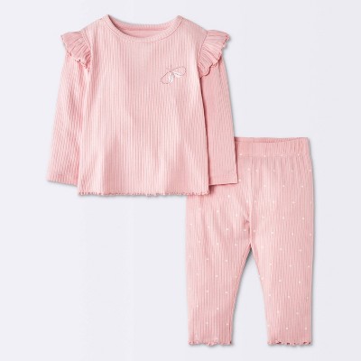 Baby Girls' 2pc Butterfly Graphic Ruffle Long Sleeve T-Shirt and Leggings Set - Cloud Island™ Rose Pink Newborn