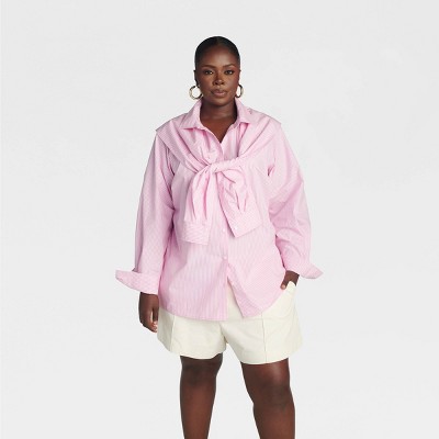 KBB by KAHLANA Women's 'The Double Layer Button-Down Shirt' - Pink Striped 1X