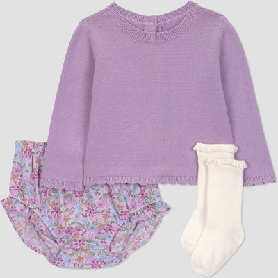 Carter's Just One You® Baby Girls' 3pc Floral Sweater with Bloomer and Socks Set - Purple 6M