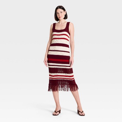 Women's Bodycon Midi Fringe Sweater Dress - A New Day™ Burgundy Striped L