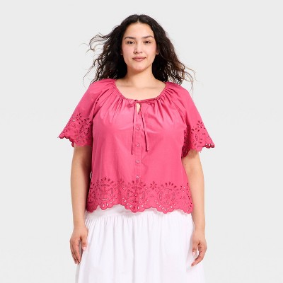 Women's Short Sleeve V-Neck Button-Front Eyelet Blouse - A New Day™ Pink XXL
