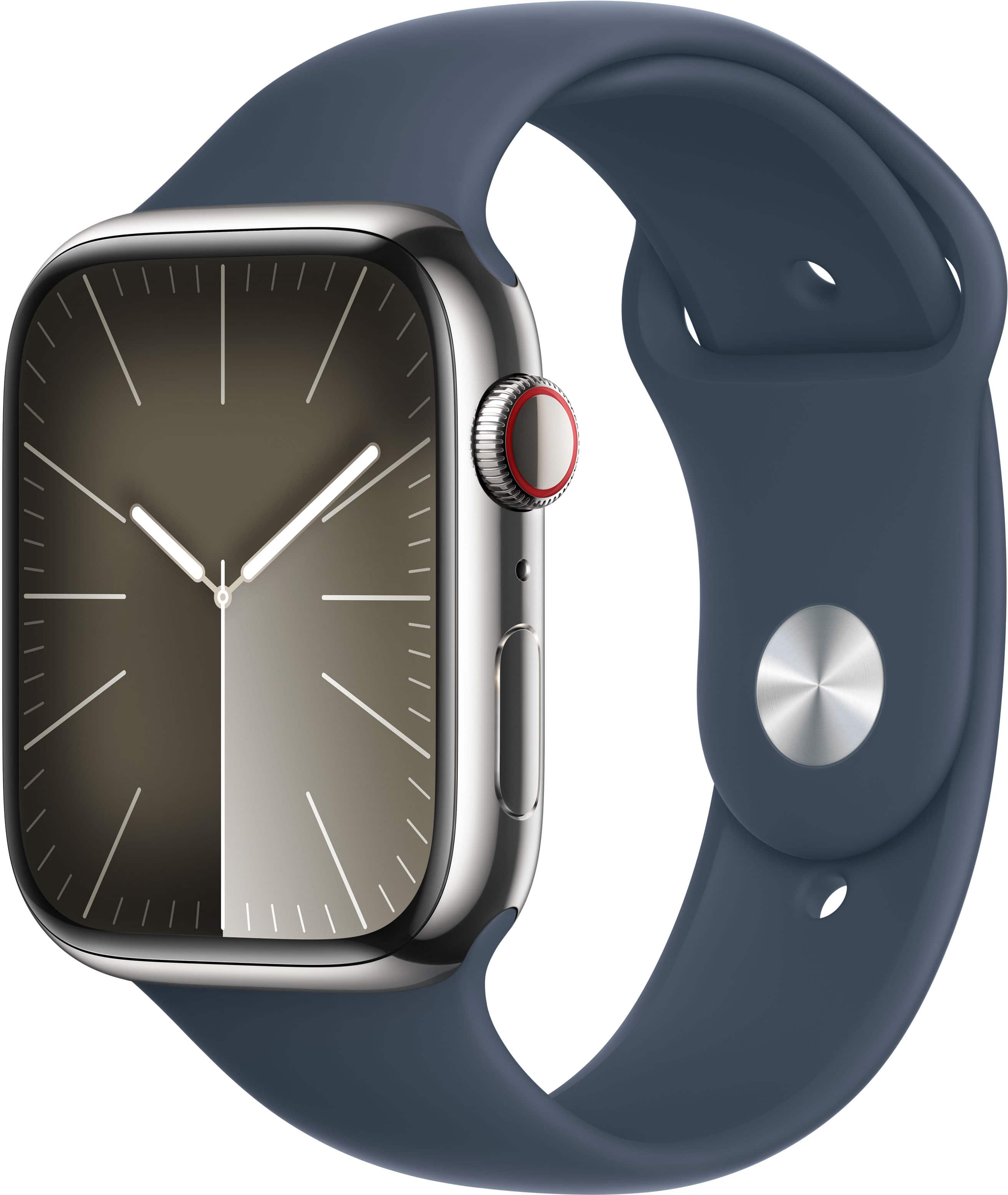 Geek Squad Certified Refurbished Apple Watch Series 9 (GPS + Cellular) 45mm Stainless Steel Case with Blue Sport Band - Silver (AT&T) - (2023)
