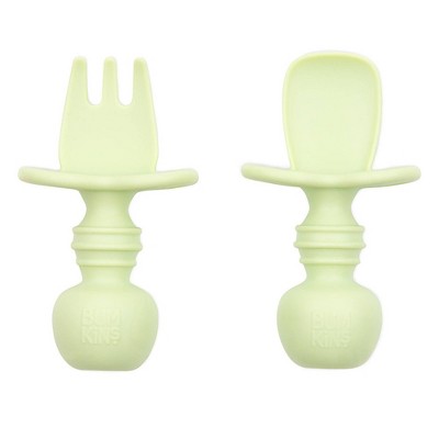 Bumkins Silicone Chewtensils - Sage: Baby Fork and Spoon Set, 3 Inches Each, BPA-Free Silicone