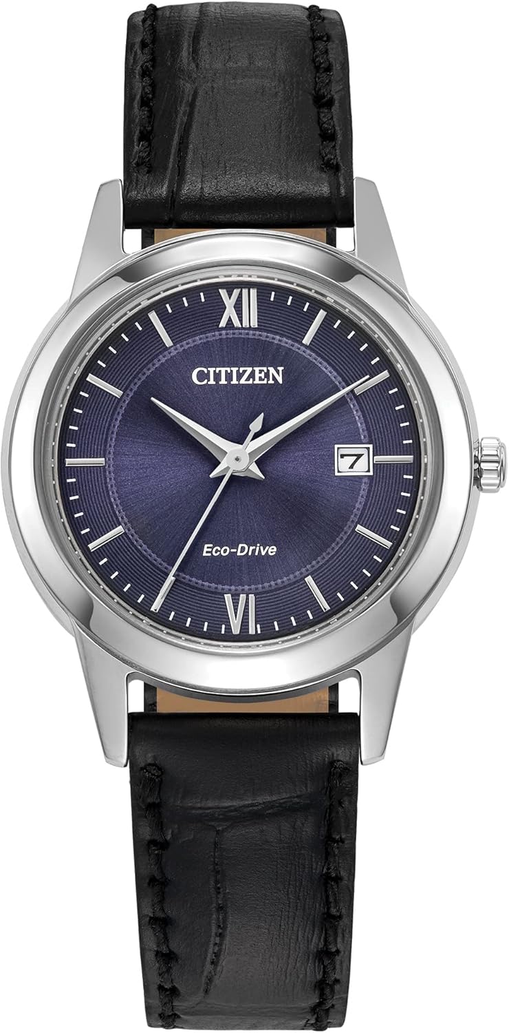 Citizen Ladies' Eco-Drive Classic Leather Strap Watch with 3-Hand Date, Black Strap/Silver/Blue Dial
