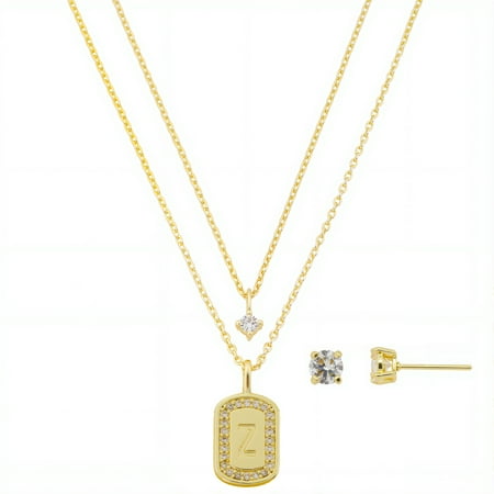 Believe by Brilliance Women's 14Kt Gold Flash Plated Cubic Zirconia Double Layer Tag "Z" Necklace and Earring Set