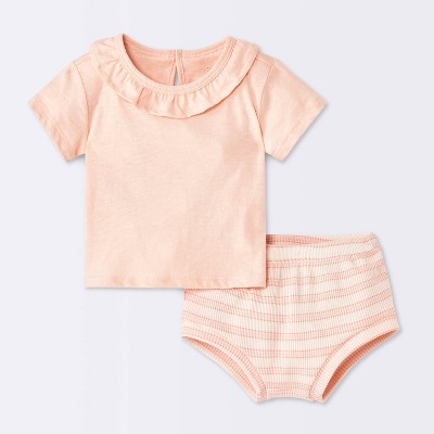 Baby Girls' 2pc Striped Ruffle Short Sleeve T-Shirt and Waffle Bloomer Set - Cloud Island™ Pink 18M