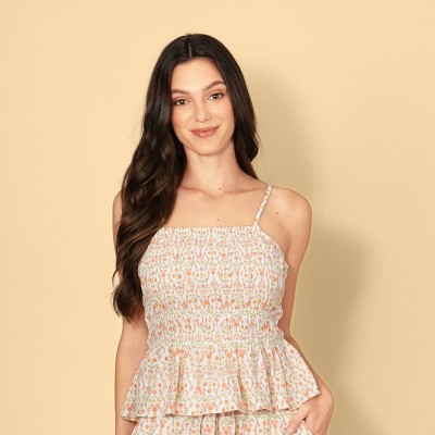 Solid & Striped Women's Smocked Linen Blend Tank Top - Cream Floral M