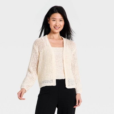 Women's Long Sleeve Tape Yarn Open Cardigan - A New Day™ Cream M