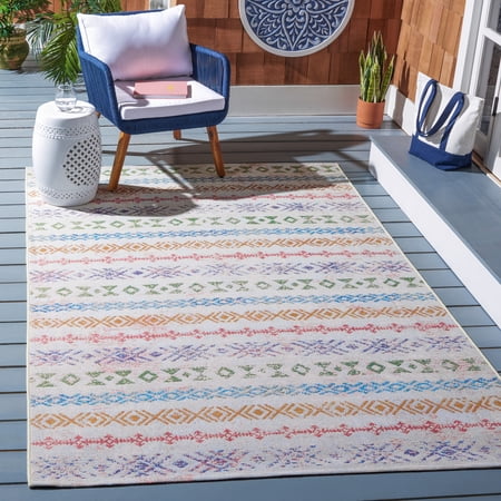 Safavieh Summer Joella Outdoor Geometric Striped Area Rug, Ivory/Blue, 5'3" x 7'6"