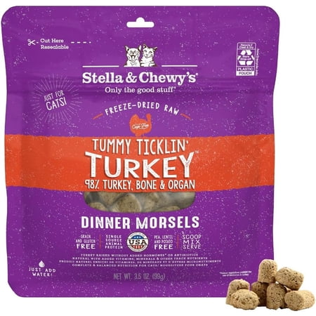 Stella & Chewy's Tummy Ticklin Turkey Dinner Morsels, LocalFinds Turkey Freeze-Dried Chunks Dry Cat Food, 3.5 oz Bag