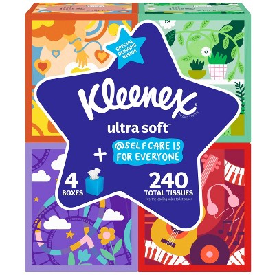 Kleenex Ultra Soft Facial Tissues - Self-Care Awareness Pack - 4pk/60ct: 3-Ply, Square Container