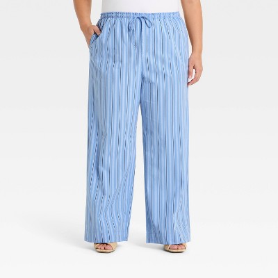 Women's Mid-Rise Poplin Straight Leg Pull-On Pants - A New Day™ Blue Striped XXL