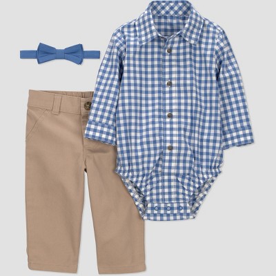 Carter's Just One You® Baby Boys' 2pc Gingham Long Sleeve Bodysuit and Pants Set - Khaki/Blue 24M