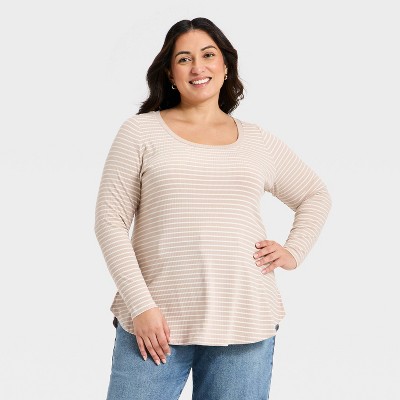 Women's Long Sleeve Knit Scoop Neck Tunic Top - Ava & Viv™ Tan Striped XXL