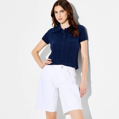 Women's Short Sleeve Cable Polo Pullover Sweater - Wild Fable™ Navy Blue L