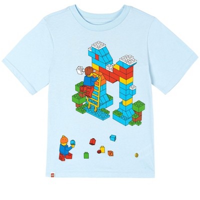 LEGO Little Boys' Front and Back Printed Short Sleeve Graphic Tee Light Blue Bricks 7-8