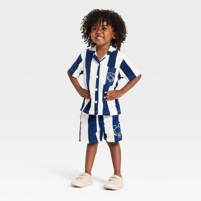 Toddler Boys' 2pc Disney Mickey Mouse Striped Short Sleeve Button-Down Shirt & Shorts Set - Blue 18M