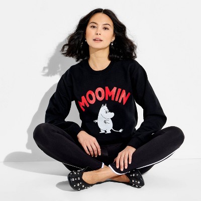 Women's Crewneck Moomin Fleece Graphic Pullover Sweatshirt - Black XXL