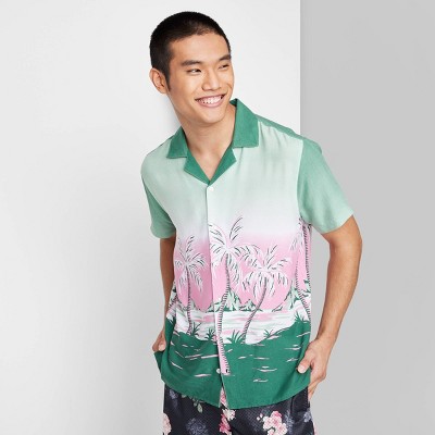 Men's Short Sleeve Collared Button-Down Shirt - Original Use™ Tropical Green M: Lightweight Rayon, Landscape Pattern,