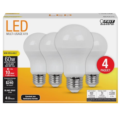 Feit Electric 60W-Equivalent A19 LED Light Bulb 4-Pack