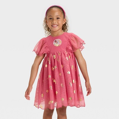 Toddler Girls' Disney Princess Metallic Shine Short Sleeve Tulle Dress - Pink 3T