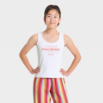 Girls' "Palm Springs" Graphic Ribbed Tank Top - art class™ White L