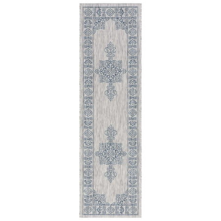 SAFAVIEH Courtyard Delbet Medallion Indoor/Outdoor Runner Rug, Grey/Navy, 2'3" x 12'
