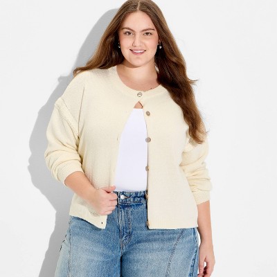 Women's Crewneck Cable Trim Cardigan - Wild Fable™ Off-White 4X