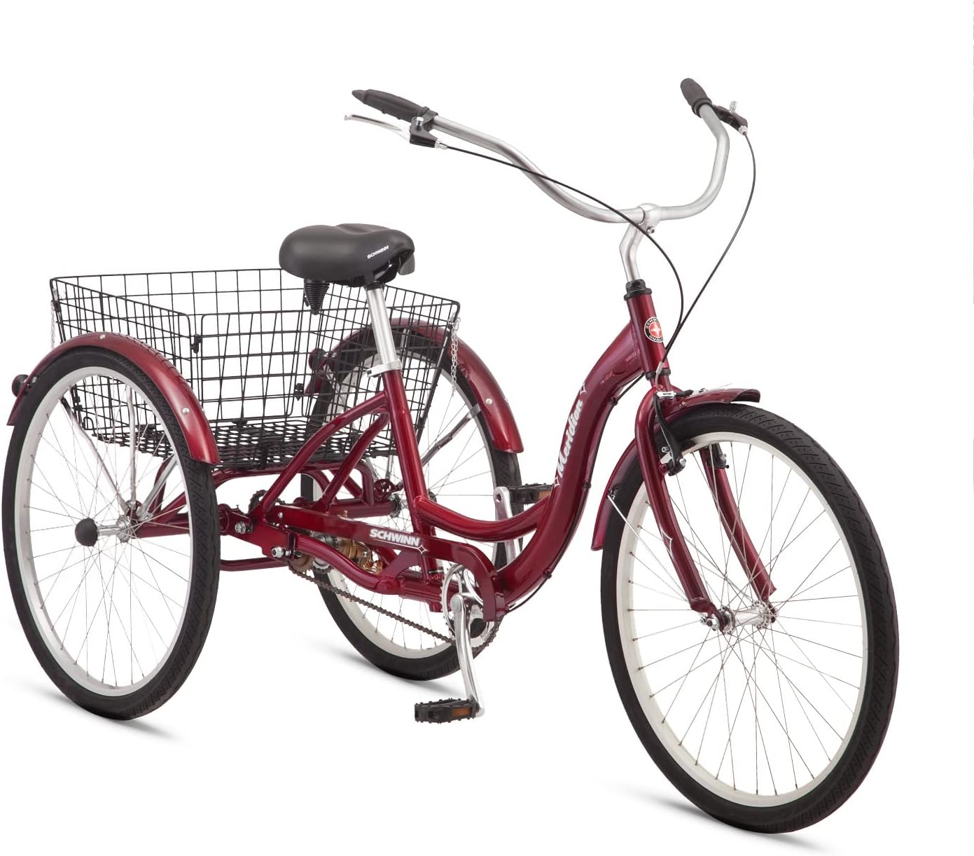 Schwinn Meridian Adult Tricycle, 26 Inch Bike for Women and Men, Single-Speed Adult Trike, Low Step-Through Frame, Springer Cruiser Seat, Upright Riding Position, Bike with Basket, Tricycle for Adults