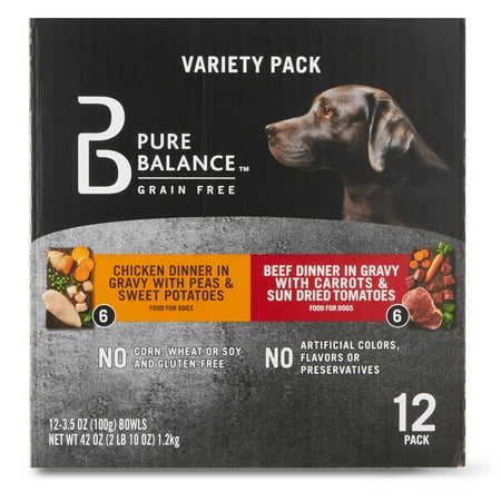 Pure Balance Grain Free Chicken Dinner in Gravy & Beef Dinner in Gravy Wet Dog Food Variety Pack, 3.5 oz, 12 Pack