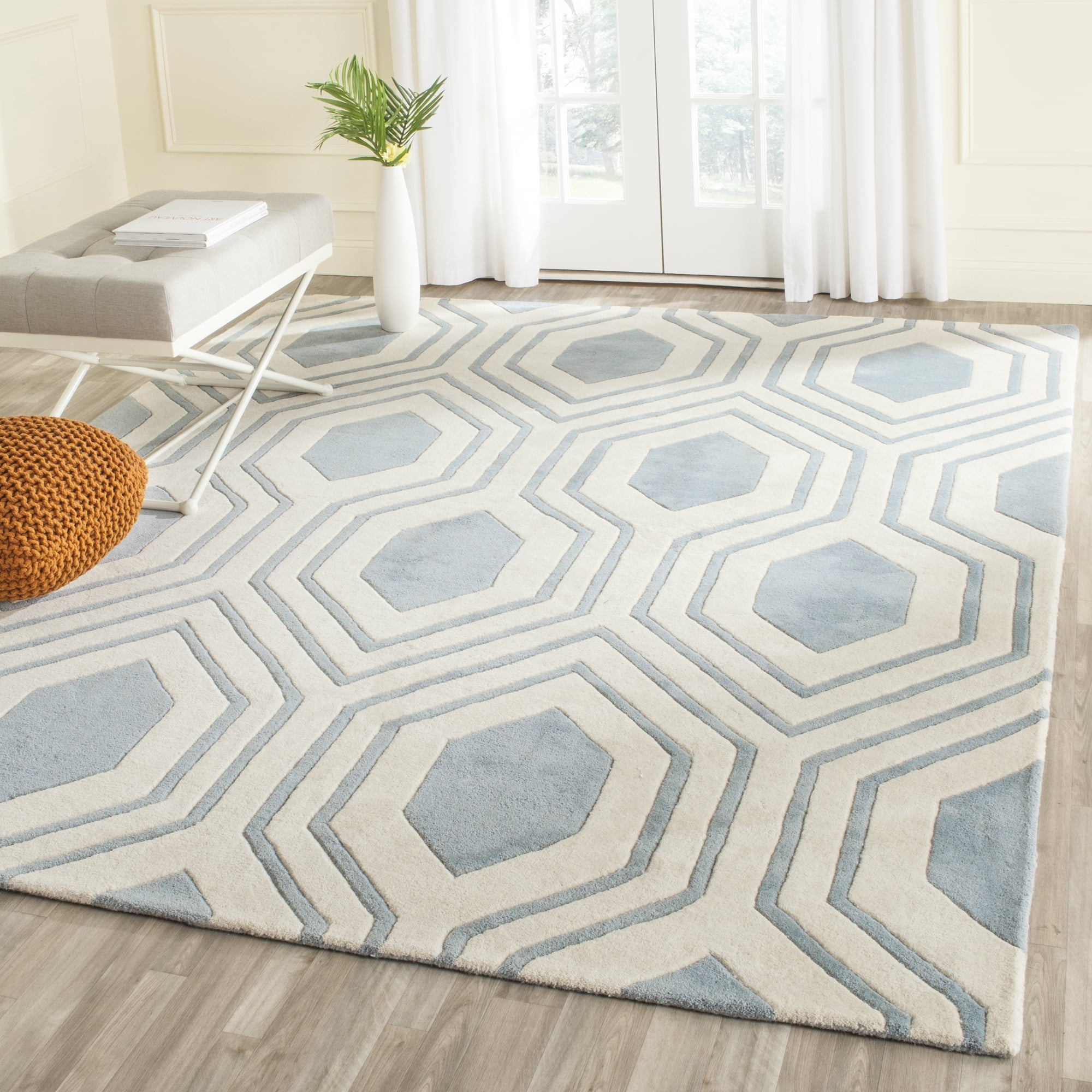 SAFAVIEH Chatham Zeke Geometric Wool Area Rug, Blue/Ivory, 5' x 8'