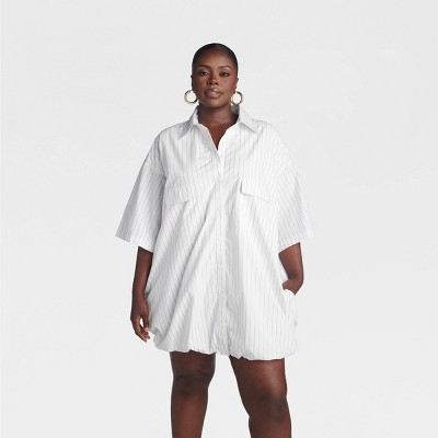 KBB by KAHLANA Women's Short Sleeve 'The Bubble Shirt Dress' - White/Navy Blue Striped 4X