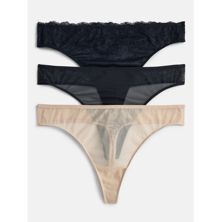 Joyspun Women's Lace and Mesh Thong Panties, 3-Pack, Sizes XS-XXXL