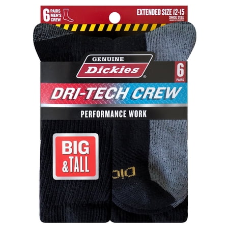 Dickies Men's Dri-Tech Moisture Control Crew Sock, 6-Pack Black, Size 12-15