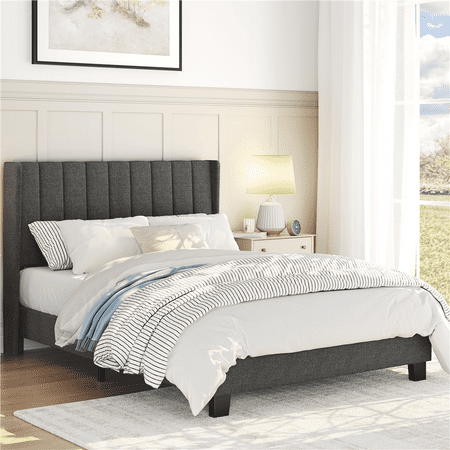 Renwick Upholstered Platform Full Bed with Wing Side, All Ages, Dark Gray