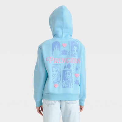 Girls' Disney Princess Belle Tiana Rapunzel Front and Back Graphic Hoodie Pullover Sweatshirt - Blue L Plus