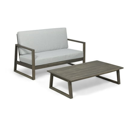 Muad Outdoor Acacia Wood Chat Set with Coffee Table, Gray and Light Gray