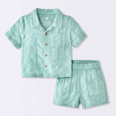 Baby Boys' Striped Button-Down T-Shirt and Cabana Shorts Set - Cloud Island™ Light Green 0-3M