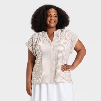 Women's Dolman Short Sleeve Smocked V-Neck Button-Front Top - Ava & Viv™ Tan Striped 4X