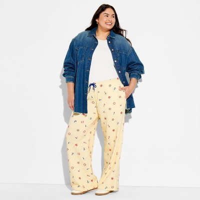 Women's Nautical Printed Tunnel Waist Graphic Pull-On Pants - Light Yellow 3X