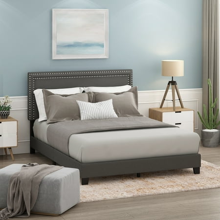 Furinno Laval Cama con Cabecera de Clavos de Twin Fila, Estilo de Listones de 12 Piezas, Piedra, Queen