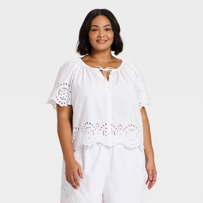Women's Short Sleeve V-Neck Button-Front Eyelet Blouse - A New Day™ White 2X