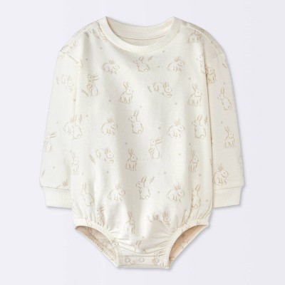 Baby Boys' Bunny Graphic Modal French Terry Long Sleeve Bubble Romper - Cloud Island™ Cream 6-9M