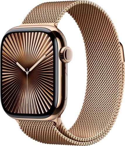 Geek Squad Certified Refurbished Apple Watch Series 10 (GPS+Cellular) 42mm Titanium Case with Gold Milanese Loop - Gold - (2024)