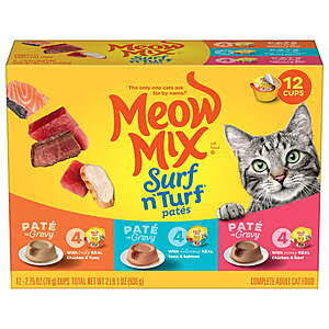 Select Accts: 12-Pk 2.75-Oz Meow Mix Surf n’ Turf Patés Wet Cat Food (Variety Pack) $4.60 w/ S&S