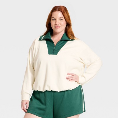 Women's Airy Sleek Pique 1/2 Zip Bubble Hem Collared Pullover Sweatshirt - All In Motion™ Cream 3X