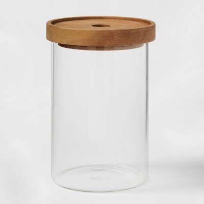 Medium Glass Storage Canister with Wood Lid - Threshold™: Clear Glass Jar with Lid, 48oz, Hand Wash