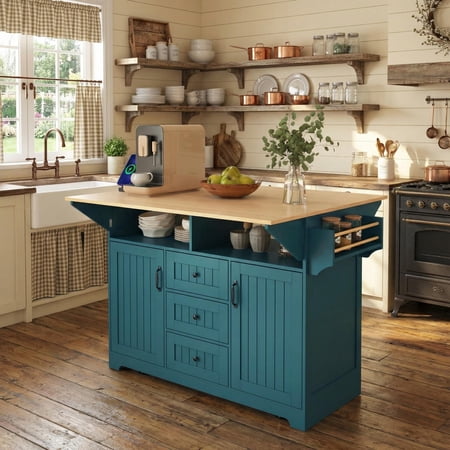 Homy Casa 55.7" Folding Kitchen Island with Power Outlet, Dual Drop Leaves and Storage Drawers