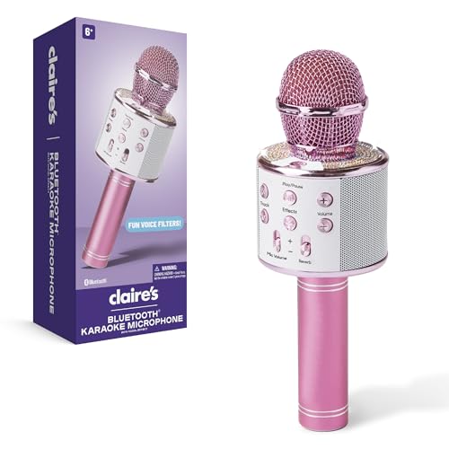 Claire's Bluetooth Karaoke Microphone for Kids, Wireless Mic with Voice Effects, Echo, USB-C Charging, Volume Controls & TF Card Slot, Portable & Durable Toy for Singing, Parties & Gifts, Ages 6+